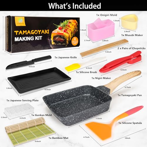 Furgyand Tamagoyaki Pan Set, 12-in-1 Japanese Omelette Cookware with Spatula, Bamboo Mat & More
