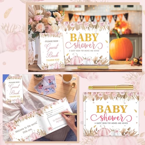 Image of Fuyoooo 27 Pcs Boho Little Pumpkin Baby Shower Guest Book Set Baby Shower Sign in Guest Pink Pumpkin Book Place Table Cards with Gold Pen Adhesive Photo Corner for Birthday Party