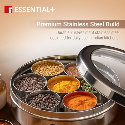 Image of BERGNER Essential Plus 7 in 1 Stainless Steel 21.5cm Masala Dabba with 7 Container 1 Spoon and See Through Glass Lid, Spice Box /Masala Dani /Container for Kitchen, 100% Food Safe, Easy to Clean