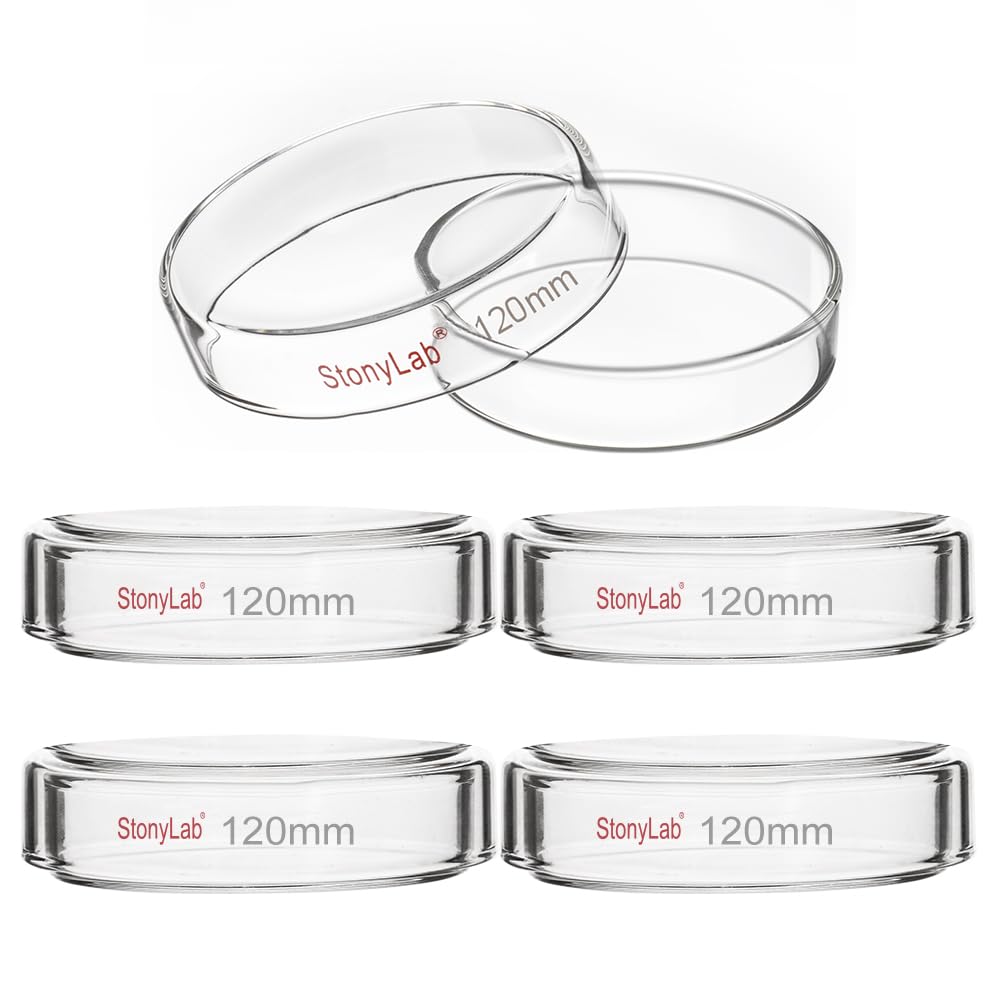 stonylab Glass Petri Dish with Lid, 5-Pack Borosilicate Glass Cell Culture Dish Clear Autoclavable Petri Dish for Laboratory, 120x25 mm