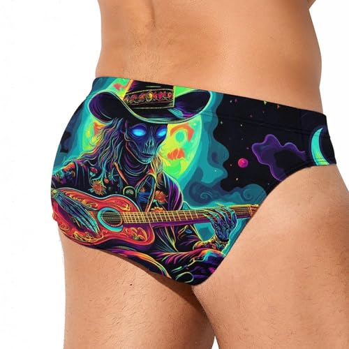 Psychedelic Aliens Playing Guitar Printed Swim Briefs for Men Sexy Bikini Swimwear Elastic Beach Trunks Bathing Suit4