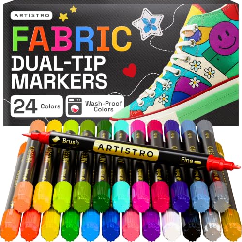 Image of ARTISTRO 24 Dual-Tip Fabric Markers Decorating Kit, Permanent for Clothes | Brush & Fine Tip, Acrylic Paint Pens for Sneakers, Bags, Shoes, Textiles, Canvas, Sewing, Craft, & DIY