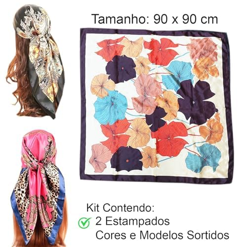 Lenço Quadrado Grande Cetim Seda Multiuso Echarpe Cropped Bandana: Kit 2 Estampados Sortido