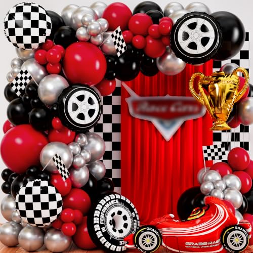 ALL-IN-1 Race Car Balloon Arch Kit with BONUS Trophy & RaceCar - Cars Balloon Garland Kit for Race Car Theme Birthday Party Supplies & Hot Wheels Balloons Race Cars Decorations