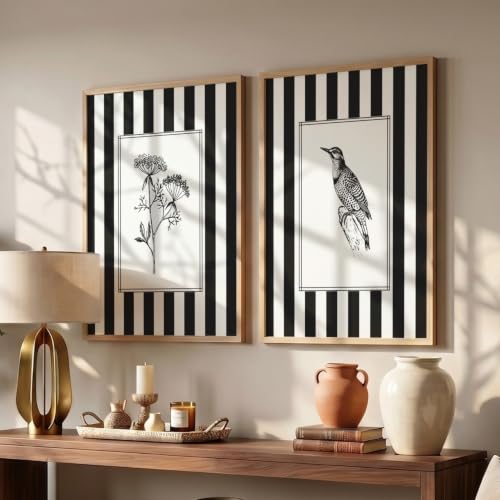 Image of YANVEER Set of 2 Minimalist Black & White Framed Wall Painting for Living Room | Modern Botanical & Bird Illustration Wall Art | Aesthetic Striped Wall Decor Frames for Bedroom, Office & Hall (13x inches)
