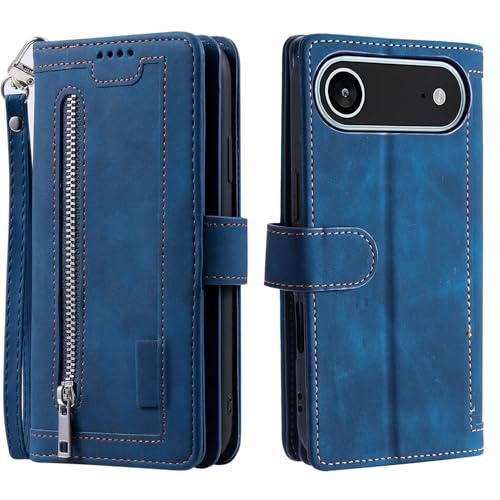 Étui en cuir bleu béquille intégrée pour ranger cartes et monnaie sans s'encombrer