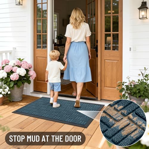 Image of OLANLY Front Door Mat Outside Entrance 47x23, Absorbent, Heavy Duty Sturdy Natural Rubber Doormat Indoor Outdoor, Non-Slip, Stain and Fade Resistant, Low Profile Floor Mat for Entryway, Lake Blue