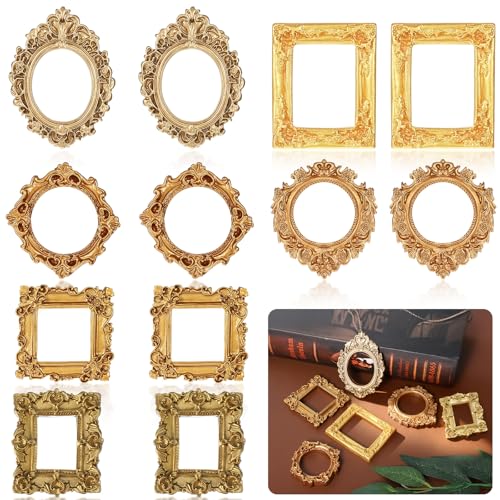 12 mini marcos de fotos dorados vintage, pequeños marcos de fotos de resina antigua, ovalados, rectangulares, para colgar en la pared, marco de mesa para bricolaje, joyería, Navidad, vacaciones