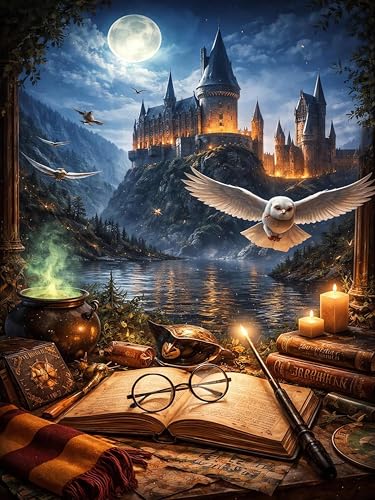 LILEIDECO Diamond Art Kits for Adults Magic Owl Diamond Painting Kits for Beginner Fantasy Book Castle DIY 5D Full Drill Diamond Dots Crafts for Home Wall Decor Gifts 12x16 Inch