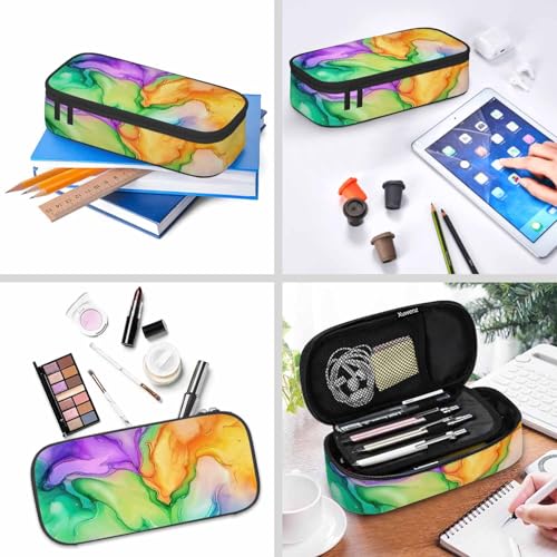 Image of Abstract Print Pencil Case Colorful Fluid Waves Golden Swirls Pencil Bag Pouch Box Organizer for College School Students Boy Girl