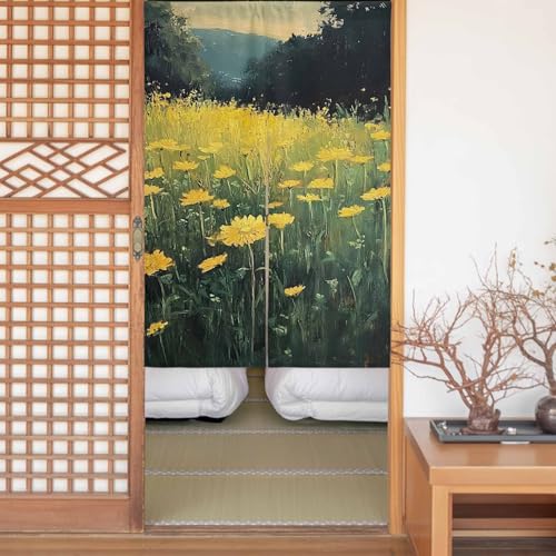 のれん 遮光 おしゃれ 暖簾カーテン 間仕切り 仕切り 目隠し 防寒 防音 厚手 和風 玄関 キッチ リビング 出入り口 グッズ 寝室 春夏秋冬 野の花 油絵 近代主義 フィールド 黄色い花 空 草 幅75x丈120cm