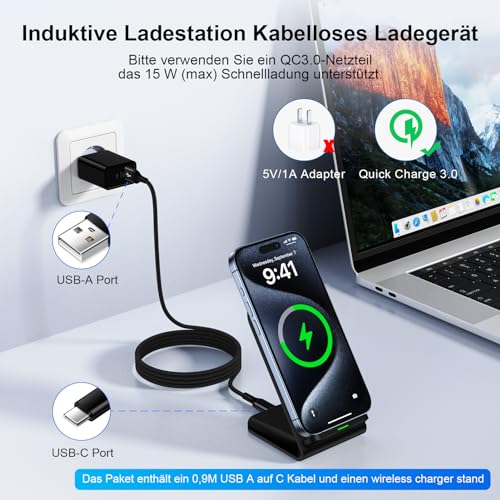 15W Wireless Charger Stand Induktive Ladestation for Samsung Galaxy S24 Ultra/S24/S23/S22/S21/S20, Google Pixel 8 Pro/8/7/7 Pro/6, Wireless Charging Station Handy Kabelloses Ladegerät für iPhone 15/14 – Bild 4