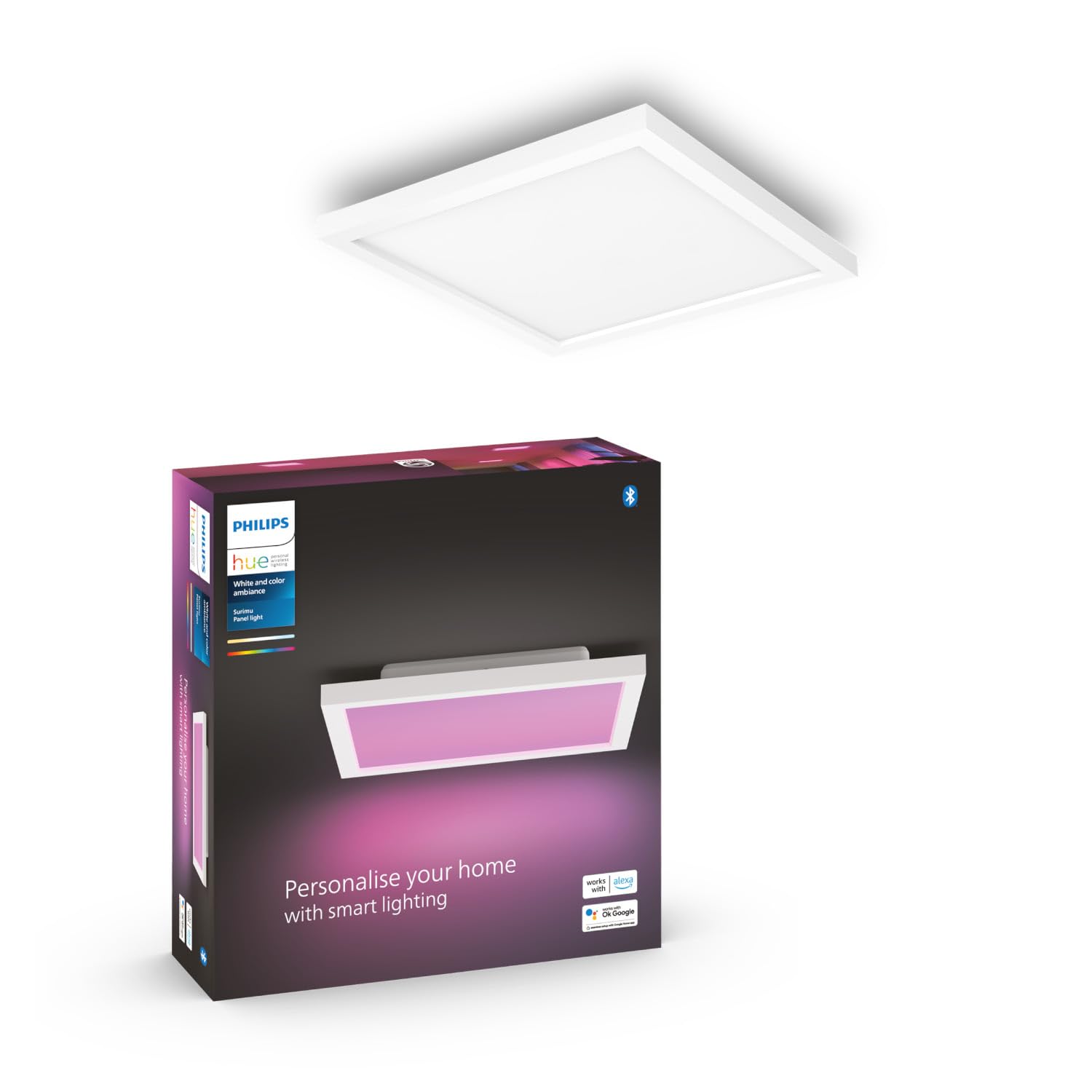 Philips Hue White & Color Ambiance Surimu Panel, 30x30 cm, dimmbar, bis zu 16 Mio. Farben, steuerbar via App, kompatibel mit Amazon Alexa (Echo, Echo Dot)