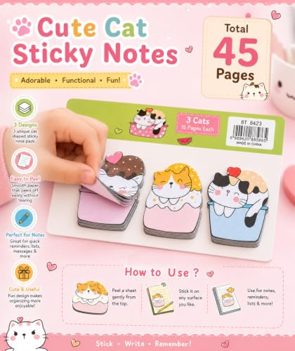 Image of Cute Kawaii Cat Sticky Notes for Planner, Notebook, Journals, Office & School Supplies for Kids-Pack of 4, Multicolor