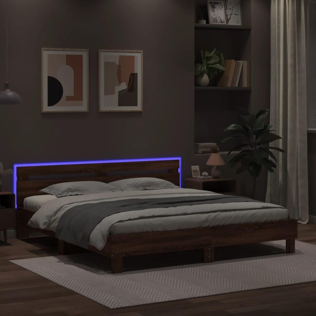 Festnight Marco de Cama 180 x 200 cm con Cabecero Estructura Cama Marrón Roble Cama con Luces LED y Somier Soporte de Láminas de Madera Base De Cama