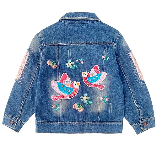 Peacolate 4-11Jahre kleine Mädchen Jeansjacke Pailletten sticken Vögel und Blumen Frühling Herbst Denim Mäntel (Vogel Blumen,6-7Jahre)