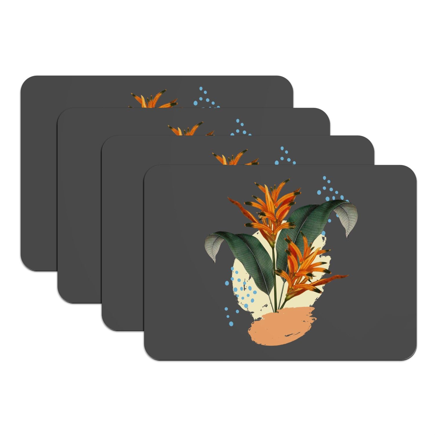 Sets de table Heliconia plante tropicale noir dessous caoutchouc