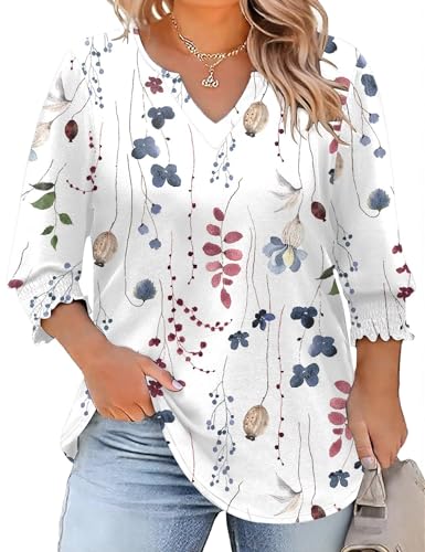Rapbin Plus Size Blouses for Women 5X Ladies 3/4 Sleeve V Neck Floral T Shirts Casual Loose Fitting Peasant Blouse (White Floral 5XL)