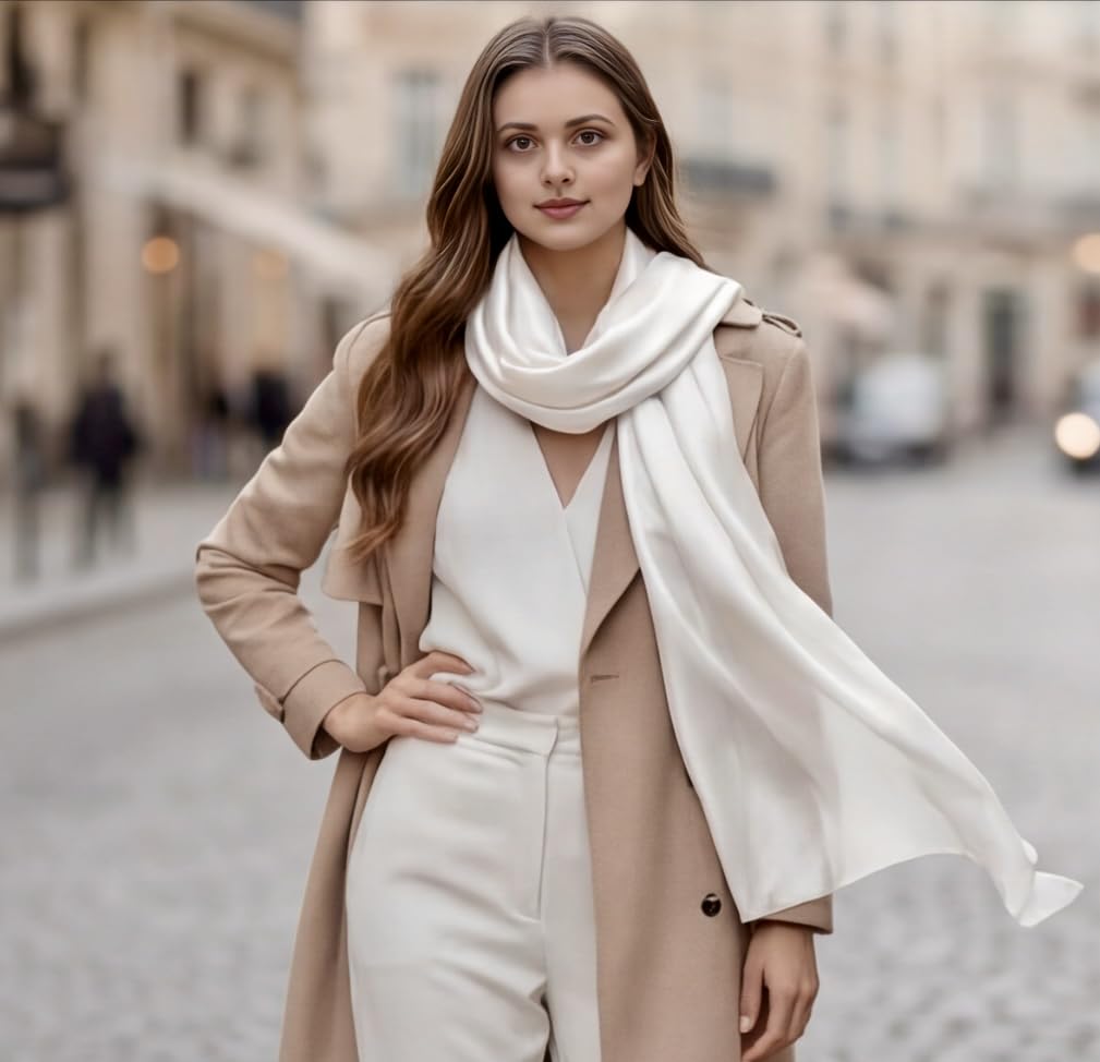 Pañuelo de seda para mujer, 100% seda, color liso, blanco y negro, 180 x 90 cm, color liso, para traje, ocasiones formales, estola, estilo de negocios, regalo para ella