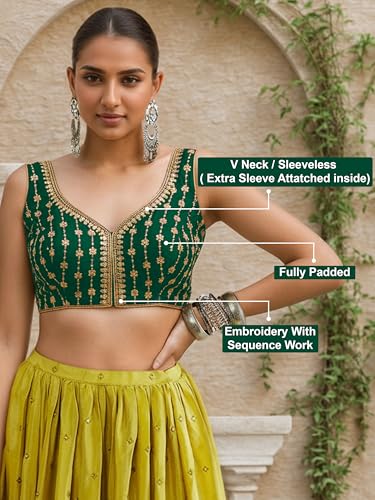 Image of TRENDMALLS Women's Dhupion Silk Embroidery Sequence Work V Neck Sleeveless Blouse Choli Stylish Saree Blouse Ready to Wear