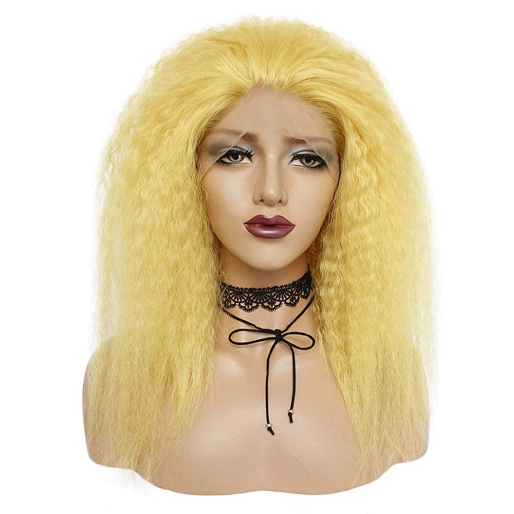 Perruque afro bouclée jaune 16 pouces avec écran en soie frontal