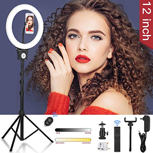 CXYP LED Luz del Anillo, 12'' 6000K Aro de Luz Regulable con Trípode y Soporte Teléfono de Tubo Blando, Iluminación Kit para Transmisión en Vivo, Fotografía, Selfie, Youtube, Grabación de Vídeo