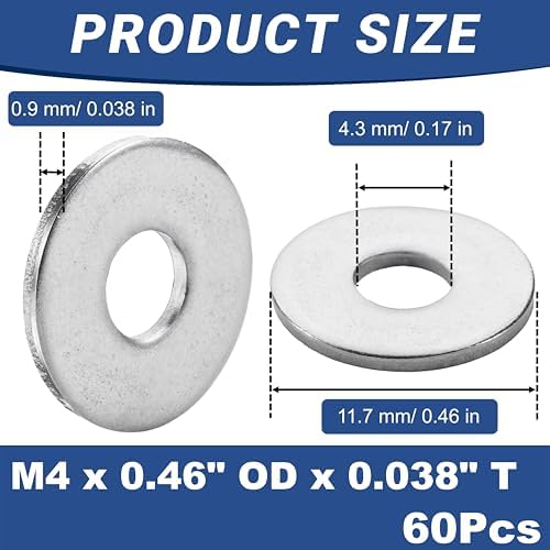 ZYUAROM 60 Pcs M4 Large Flat Washer Stainless, 0.46" Outside Diameter, 0.038" Thickness, 5/32" Large Washers Flat, Aperture is Also Suitable for #6 and 5/32" Bolts (60, M4 x 0.46" OD x 0.038" T)