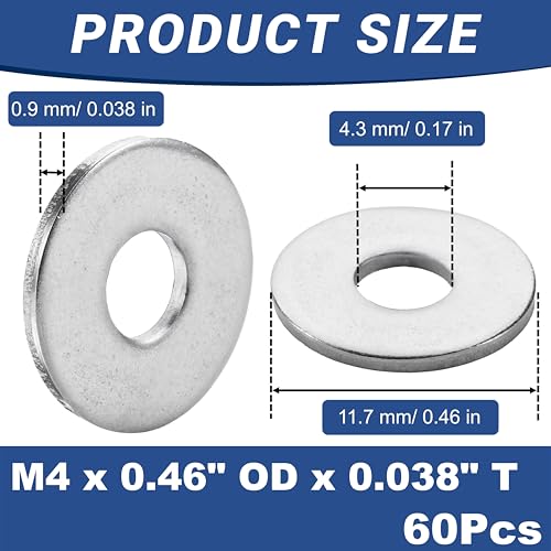 ZYUAROM 60 Pcs M4 Large Flat Washer Stainless, 0.46" Outside Diameter, 0.038" Thickness, 5/32" Large Washers Flat, Aperture is Also Suitable for #6 and 5/32" Bolts (60, M4 x 0.46" OD x 0.038" T)
