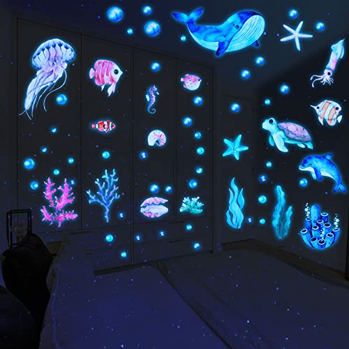 Yosemy 4 Pièce Autocollants Lumineux de Vie Marine Stickers Muraux Thème sous la Mer Baleine Dauphin Poissons Fluorescent Autocollant pour Décoration de Chambres des Enfants, Bleu Cover