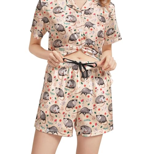 Image of Funny Satin Pajamas Set for Women Button Down Sleepwear Print Pjs Set 2 Piece Short Sleeve Loungewear Gift for Women
