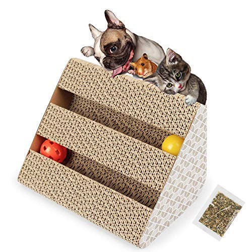 cat Scratch pad, Cat Scratching Cardboard,Scratching pad with 2 Ball Catnip Corrugate Scratcher for Cats Play (Beige)