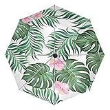 Wamika Automatischer Regenschirm mit tropischen Palmenblättern und Blumen, Winddicht, wasserdicht, UV-Schutz, 3-Fach faltbar, automatisches Öffnen/Schließen, für Sonne und Regen