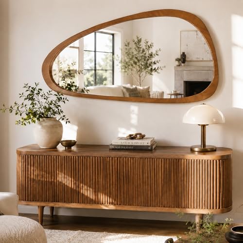 Image of Solid Wood 48 inchx24 inch Warm Walnut Large Organic Irregular Wall Mirror | Large organic look creates soft Japandi style for bedrooms, studios, entryways, living rooms, dressers, statement decor