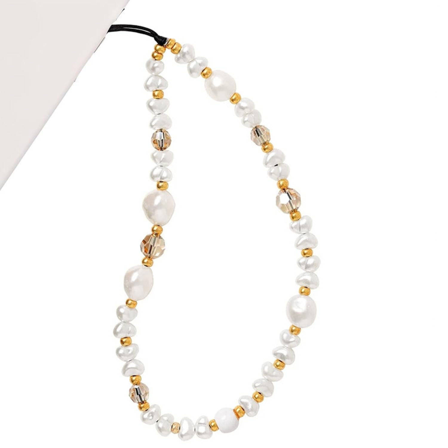 WCCH Beaded Phone Charm Y2K Kawaii Handmade Acrylic Phone Lanyard Wrist Strap for Camera Bag Airpods Keychain Charm Gold and White Pearls — view 14