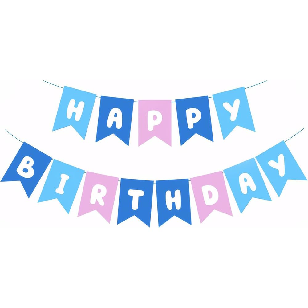 Blue Pink Happy Birthday Banner, Cute Blue Birthday Decorations for Girl Boy Party Decorations Banner Kids Birthdays Decor (Blue Pink) — image 1