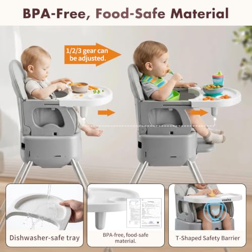 Image of 7-in-1 Convertible Baby High Chair for Baby and Toddler, Portable Travel High Chair Grow with Baby with Adjustable Height & Tray, Easy-Clean Seat, Anti-Tip Safe Frame, Supports 33 lbs, Space Gray