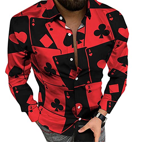 oneforus Cartes à Jouer pour Hommes Chemise à Manches Longues Mode décontractée Impression numérique 3D Chemise à Manches Longues à Revers lâche