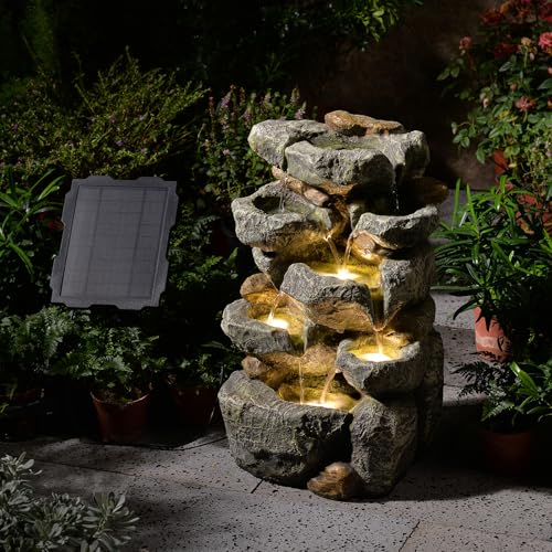 KAISOKU Solar Water Fountain Outdoor Garden, 24' H Cascading Stone Design 5 Tier Rock Feature Outdoor Fountains Waterfalls with Light, Pump Solar Panel for Patio, Deck, Porch, Backyard Home Décor