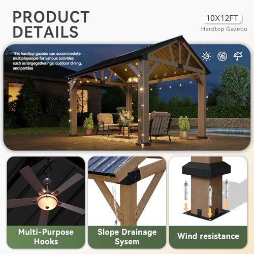 Aoxun 12\' x 10\' Outdoor Wood Gazebo, Hardtop Gazebo Permanent Wooden Pavilion with Gable Galvanized Steel Roof, for Patio, Garden, Backyard(Nature) - Thumbnail 3