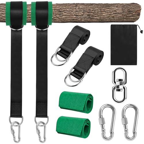 AnJeey Schaukel Befestigung, Hängematte Befestigung mit max. Belastung von 500 kg, 2x1,5m Schwinggurte mit D-Ringen, 2 Karabiner, 1 Schwenkhaken, 2 Baumschutzpolstern, Garten Aufhänge