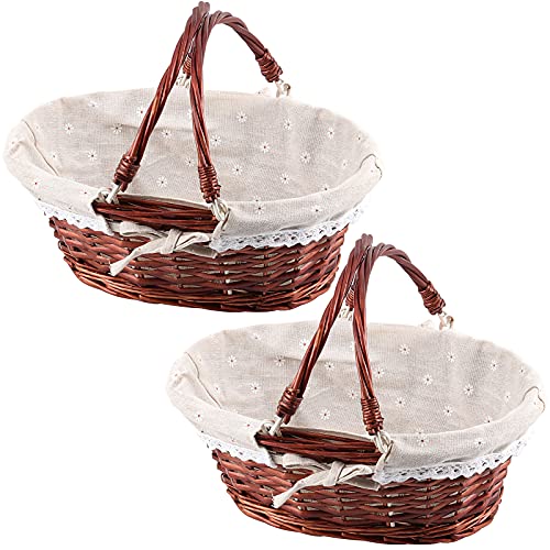 2 Pack Brown Wicker Woven Bread Basket with Handle, Oval Willow Woven Basket with Cotton Cloth Lining1