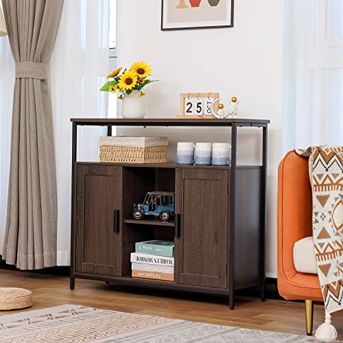 Usikey Storage Cabinet With 2 Doors, Buffet Cabinet, Kitchen Cabinet With Adjustable Shelves, Open Compartment, Storage Sideboard, For Dining Room, Living Room, Bedroom, Dark Oak #TOP1