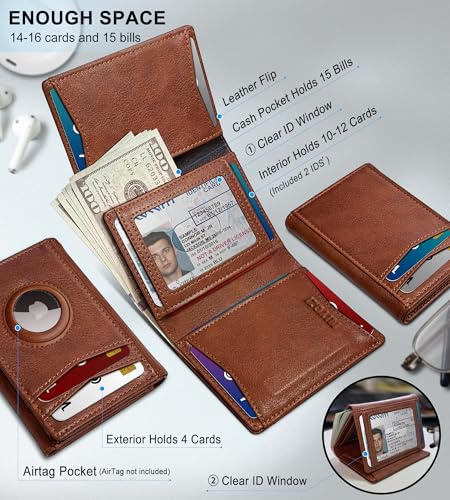 Airtag Wallet for Men,with Cash Pocket 2 ID Window 14-16 Cards Magnetic Closure Slim Trifold Leather Wallet 4.0"x3.1", RFID Blocking Front Pocket Wallet with Gift Box2