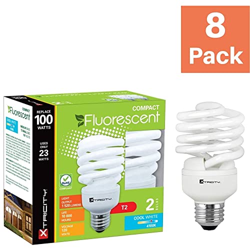 Xtricity Compact Fluorescent Light Bulb T2 Spiral Cfl, 4100K Cool White, 23W (100 Watt Equivalent), 1520 Lumens, E26 Medium Base, 120V, Ul Listed (Pack Of 8) #TOP3