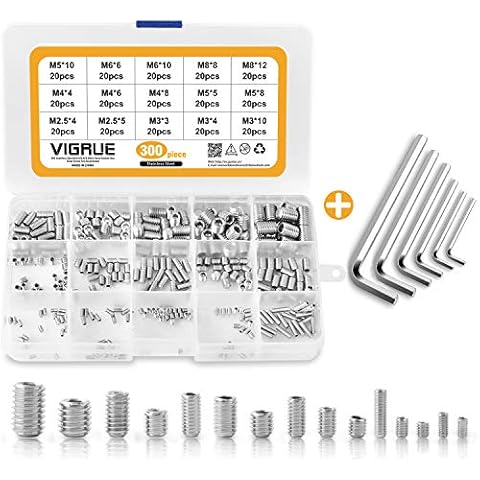VIGRUE 300Stück Madenschraube M2.5 M3 M4 M5 M6 M8 Gewindestifte Schrauben A2-70 Edelstahl Sechskantkopf Schraube Sortiment Hex Grub Kopf Maschinenschraube Set(Silber) Cover