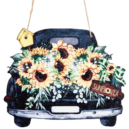 CREATCABIN Letrero Bienvenida para Puerta Entrada,Decoración Porche Madera,Girasol Negro para Coche,Decoraciones Rústicas Colgar En Pared,Carteles Bienvenida para Farmhuose,Hogar,Exterior,15.5x20cm