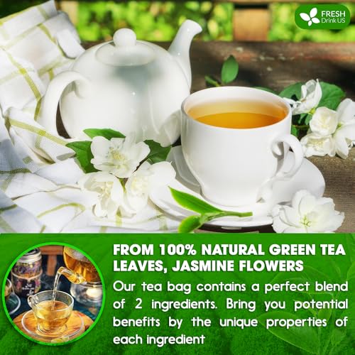 Image of FreshDrinkUS, Premium 20 Tea Bags of Jasmine Green Tea, 100% Natural. Exquisite Flavor, Handpicked Leaves, Perfect for Tea Lovers. No Sugar, No Gluten, Vegan.