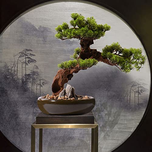 CWCQGH Künstliche Pflanzen, 17 Zoll, künstlicher Bonsai-Kiefernbaum, künstliche Topfpflanze, Schreibtisch-Display, künstlicher Baum mit Keramik-Blumentopf-Ornamenten, Bonsai-Pflanzen-Simulationsbaum
