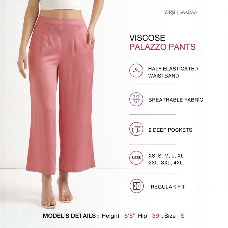 Image of SAADAA Palazzo Pants for Women Half-Elasticated Waistband | Palazzo for Women in Soft Viscose Fabric | Regular Fit with Mid Rise Waist & Deep Pockets | Versatile for Formal & Casual Wear