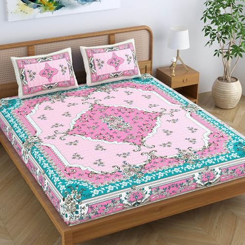 SheetKart Pure Cotton Jaipuri Printed King Size Traditional Double Bedsheet with 2 Pillow Covers - Pink Teal